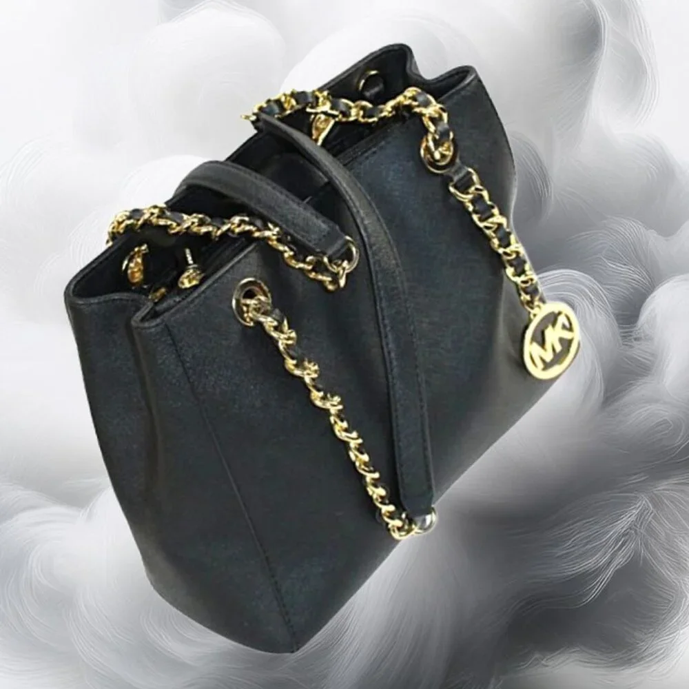 Michael Kors Susannah Black Saffiano Leather Structured Satchel Tote Gold Chain